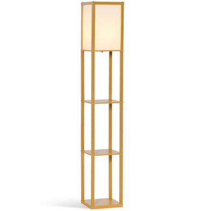 HOMCOM 4-tier floor lamp with built-in storage shelf, black metal frame and wooden shelves, modern lighting and organization solution.