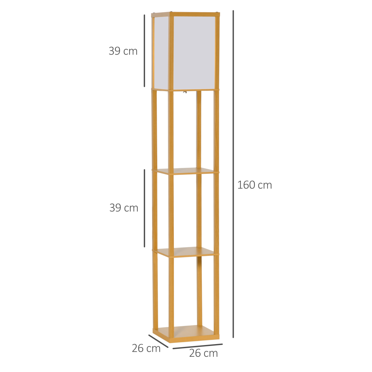 HOMCOM 4-tier floor lamp with built-in storage shelf, black metal frame and wooden shelves for living room or bedroom lighting.