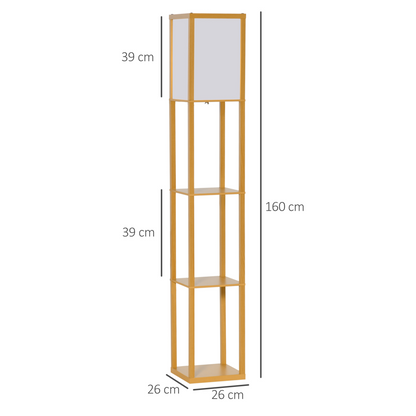 HOMCOM 4-tier floor lamp with built-in storage shelf, black metal frame and wooden shelves for living room or bedroom lighting.