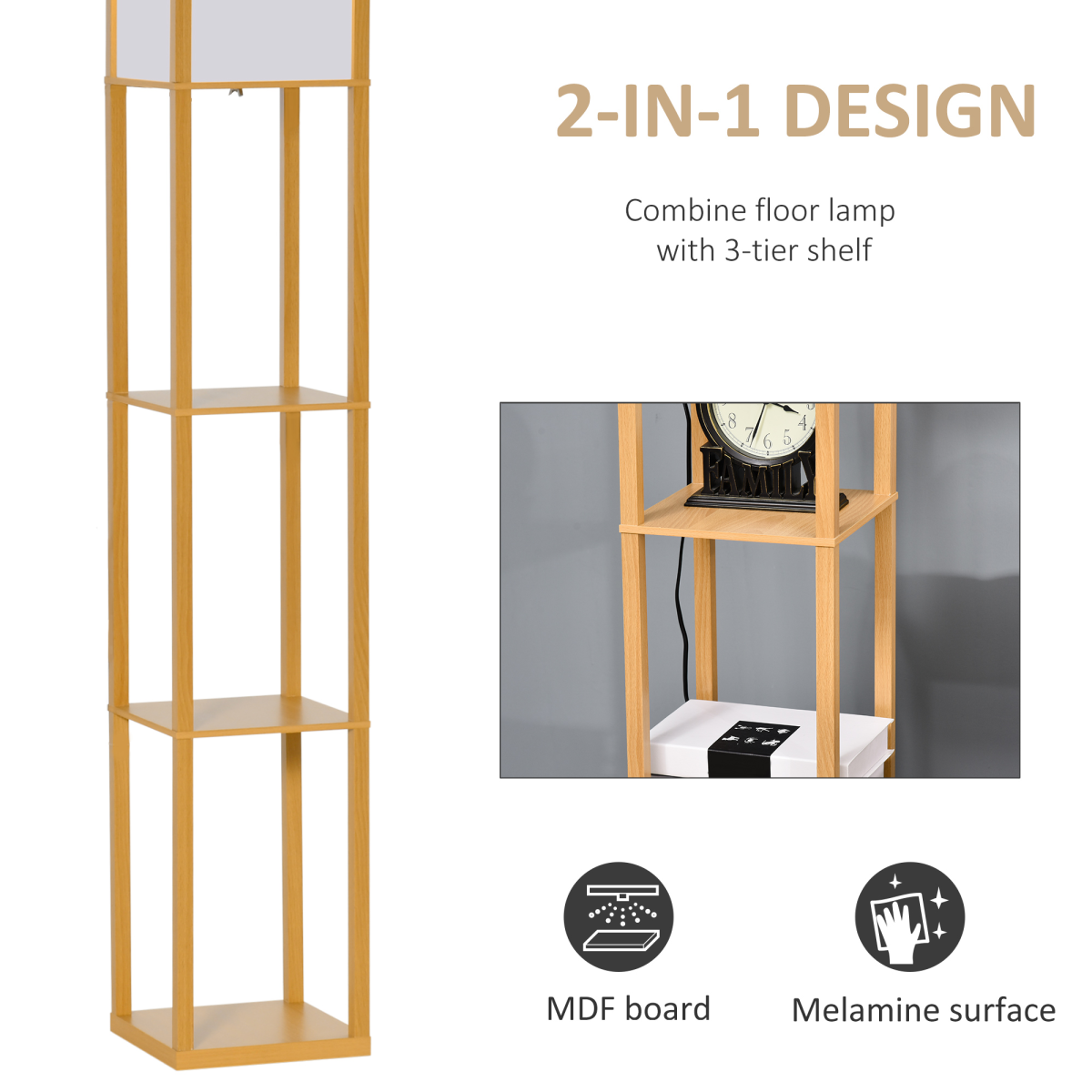HOMCOM 4-tier floor lamp with built-in storage shelf, black metal frame and wooden shelves, ideal for living room lighting and organization.
