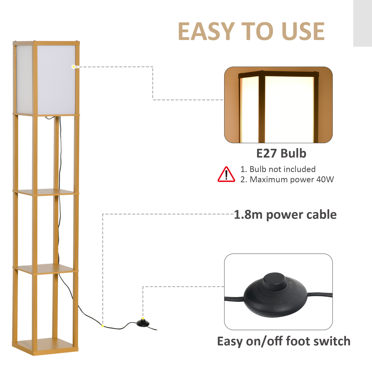 HOMCOM 4-tier floor lamp with a built-in storage shelf, black metal frame, and wooden shelves for living room or bedroom.