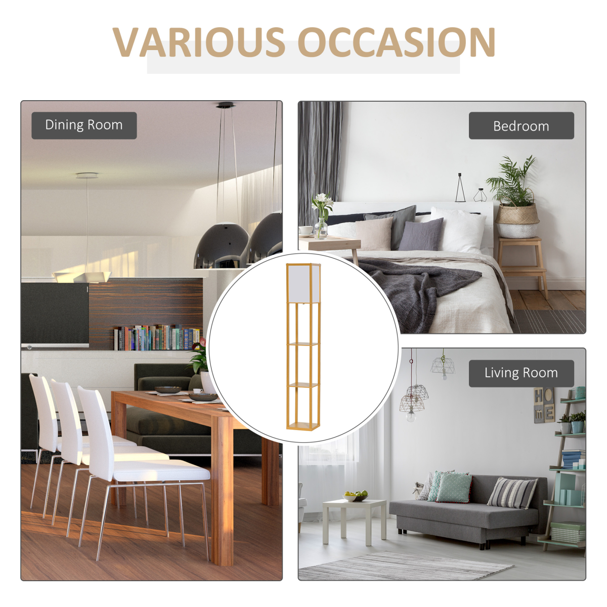 HOMCOM 4-tier floor lamp with integrated storage shelf, black metal frame and wooden shelves for living room lighting and organization.