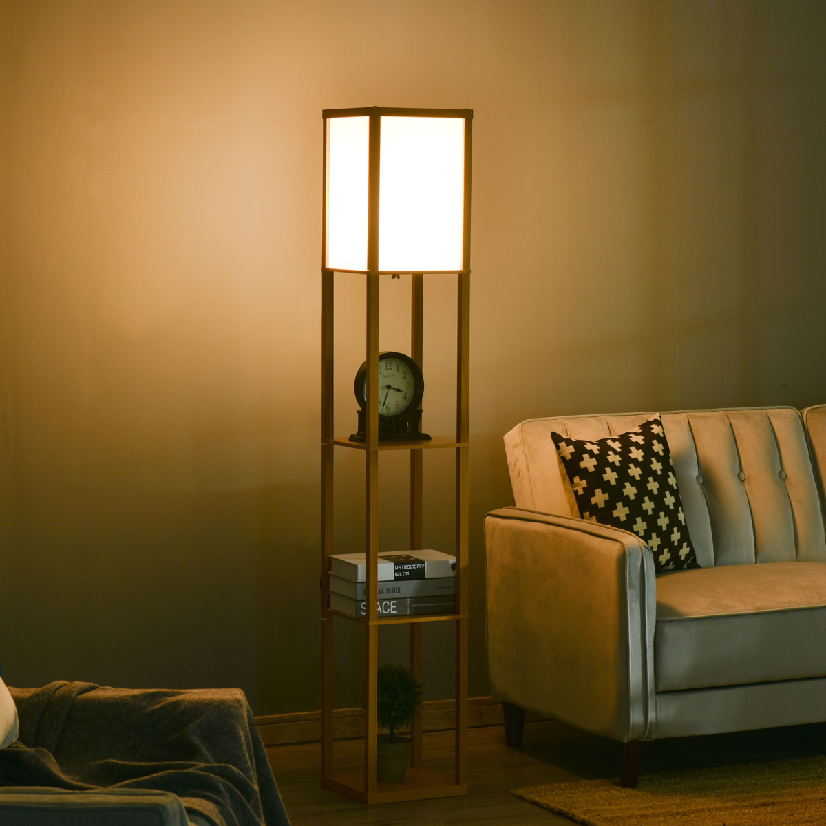 HOMCOM 4-tier floor lamp with built-in storage shelf, black metal frame and wooden shelves, ideal for living room lighting and organization.