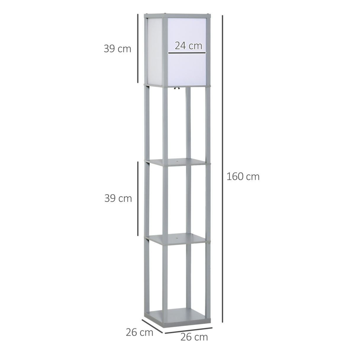 Grey HOMCOM 4-tier floor lamp with a built-in storage shelf, featuring a modern design and multiple levels for lighting and storage.