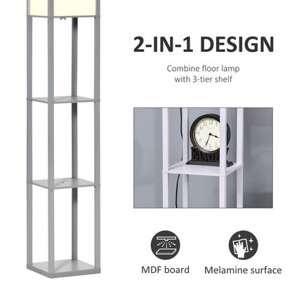 Grey 4-tier floor lamp with integrated storage shelf by HOMCOM, featuring modern design and functional multi-level shelving.