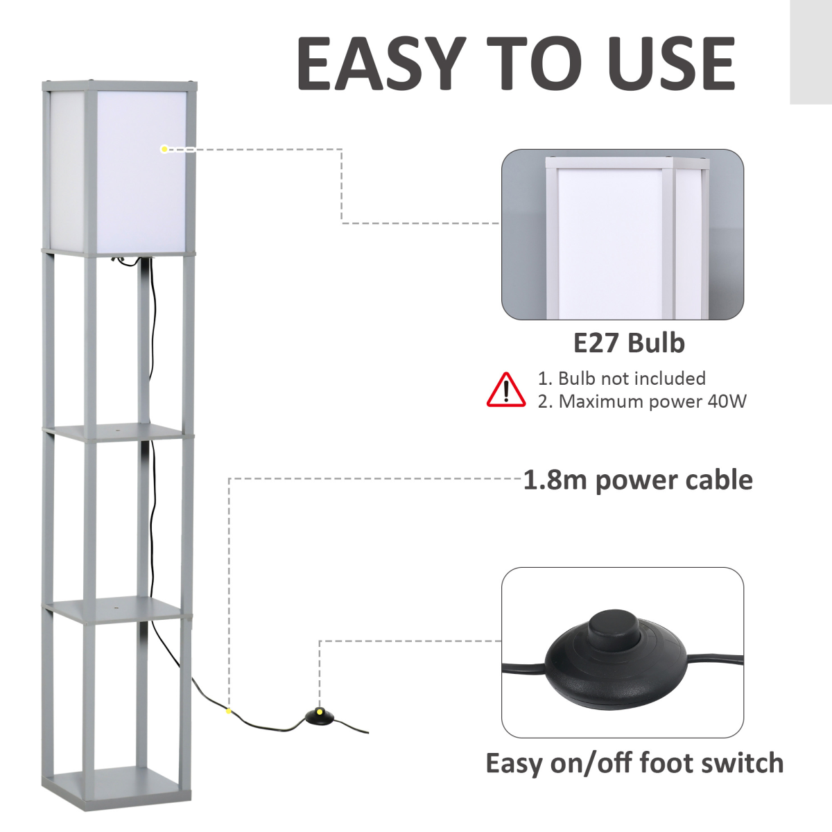Grey 4-tier floor lamp with storage shelf by HOMCOM, featuring modern design and multiple shelving levels for lighting and storage.