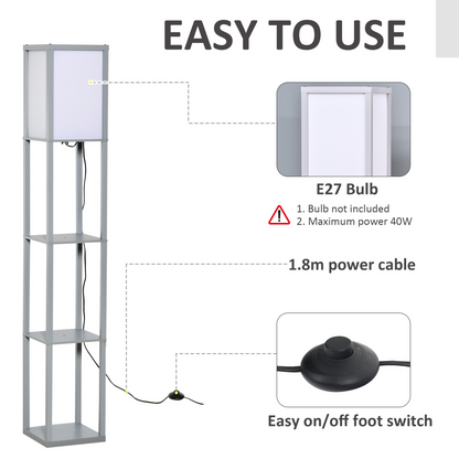 Grey 4-tier floor lamp with storage shelf by HOMCOM, featuring modern design and multiple shelving levels for lighting and storage.