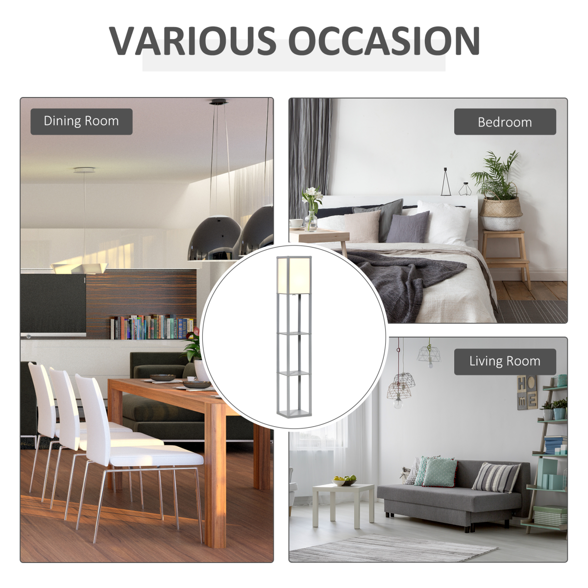 Grey HOMCOM 4-tier floor lamp with built-in storage shelf, modern design for living room or bedroom lighting.