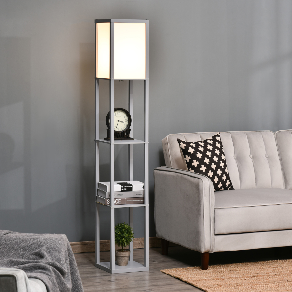 Grey 4-tier floor lamp with storage shelf by HOMCOM, featuring a modern design and functional shelving for living room decor.