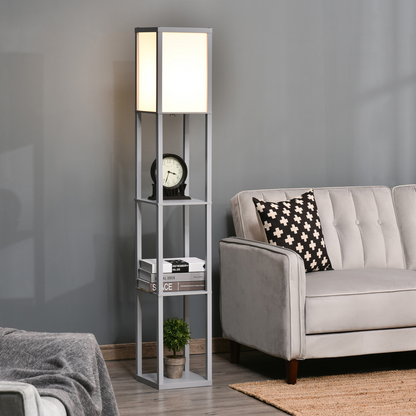 Grey 4-tier floor lamp with storage shelf by HOMCOM, featuring a modern design and functional shelving for living room decor.