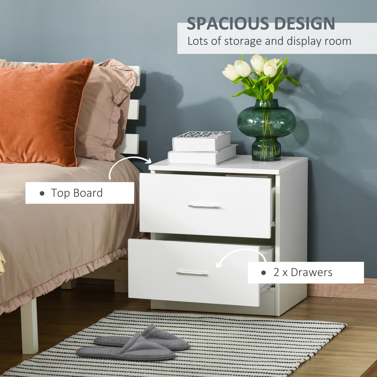 HOMCOM bedside table with two drawers and side storage cabinet, modern nightstand for bedroom organization.