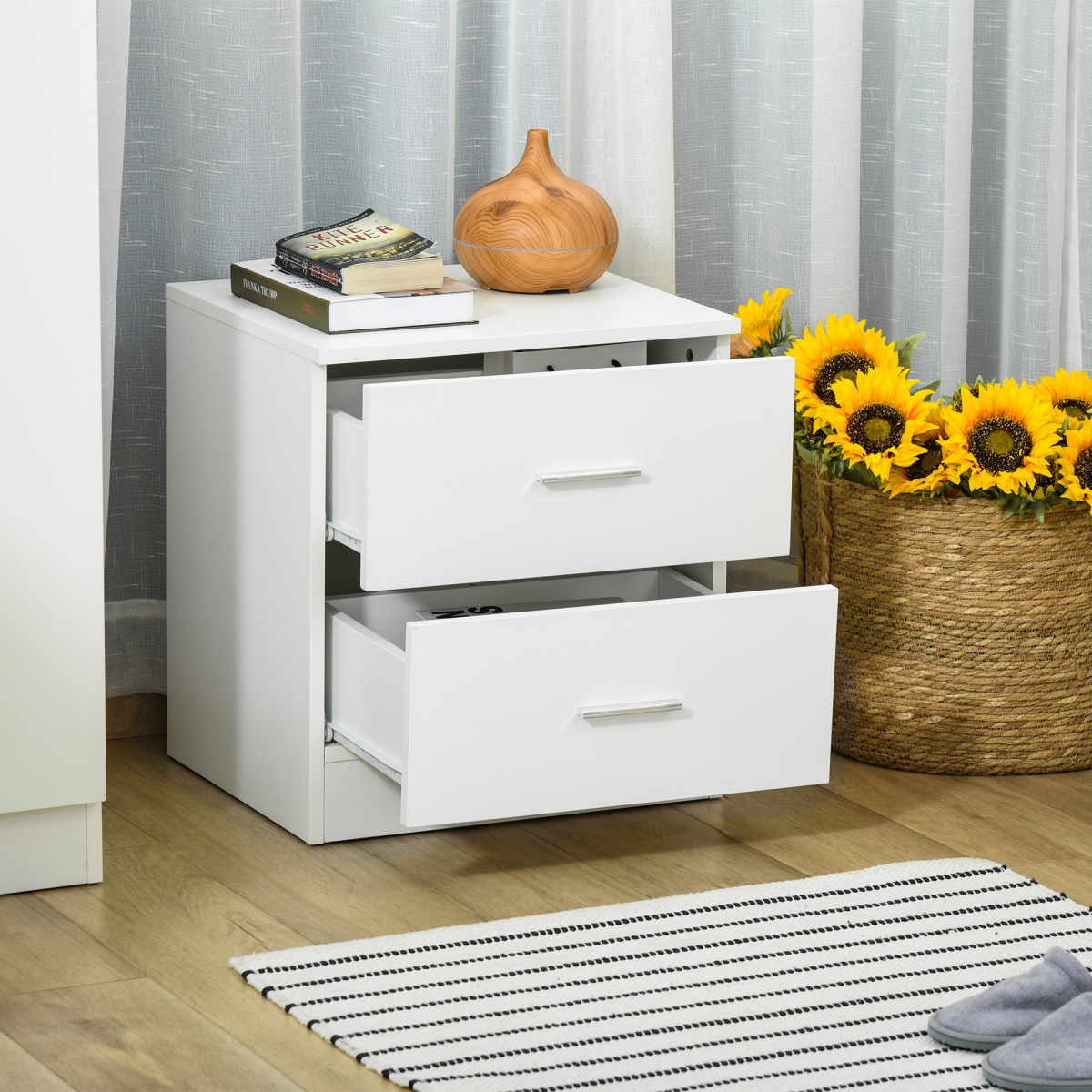 HOMCOM bedside table with two drawers and side storage cabinet, modern nightstand for bedroom organization and decor.