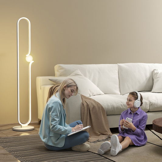 White HOMCOM dimmable LED floor lamp with glass night light, foot switch, modern design, ideal for living room or bedroom lighting.
