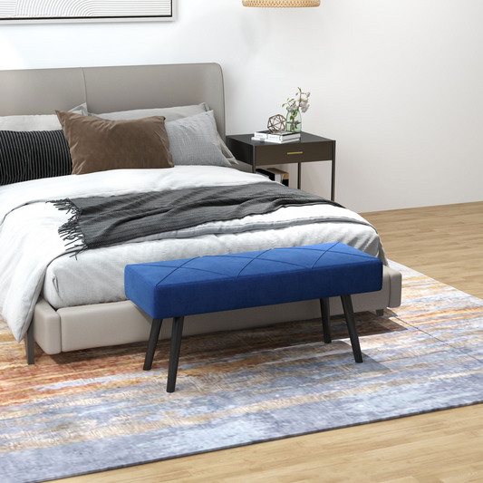 Blue upholstered end of bed bench with steel legs from HOMCOM, ideal for hallway or bedroom seating and decor.
