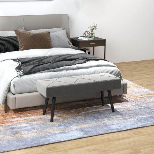 Grey upholstered end of bed bench with steel legs from HOMCOM, ideal for hallway or bedroom seating.