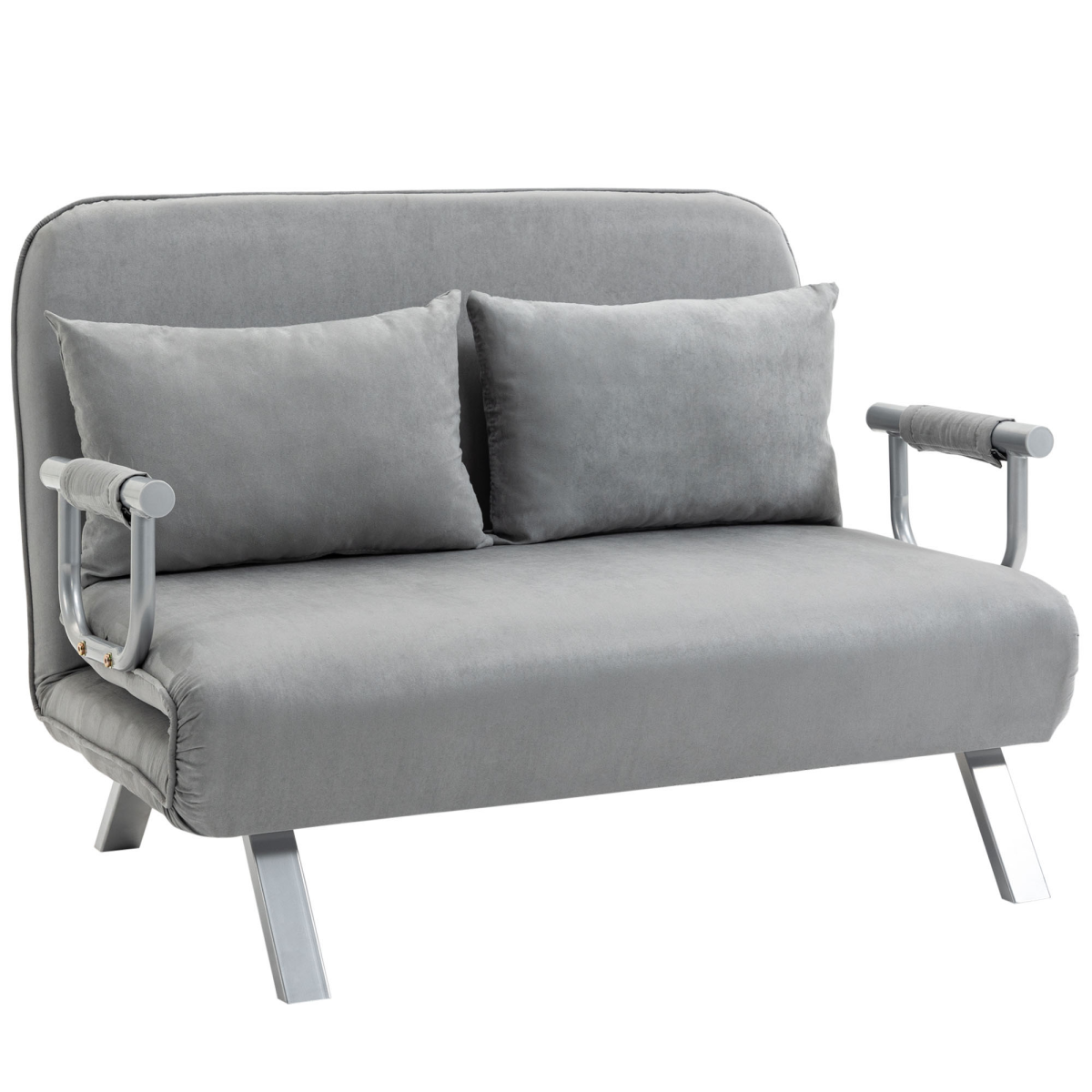 Light grey HOMCOM fabric convertible 2-seater sofa bed with two pillows, showcasing its modern design and versatile functionality.