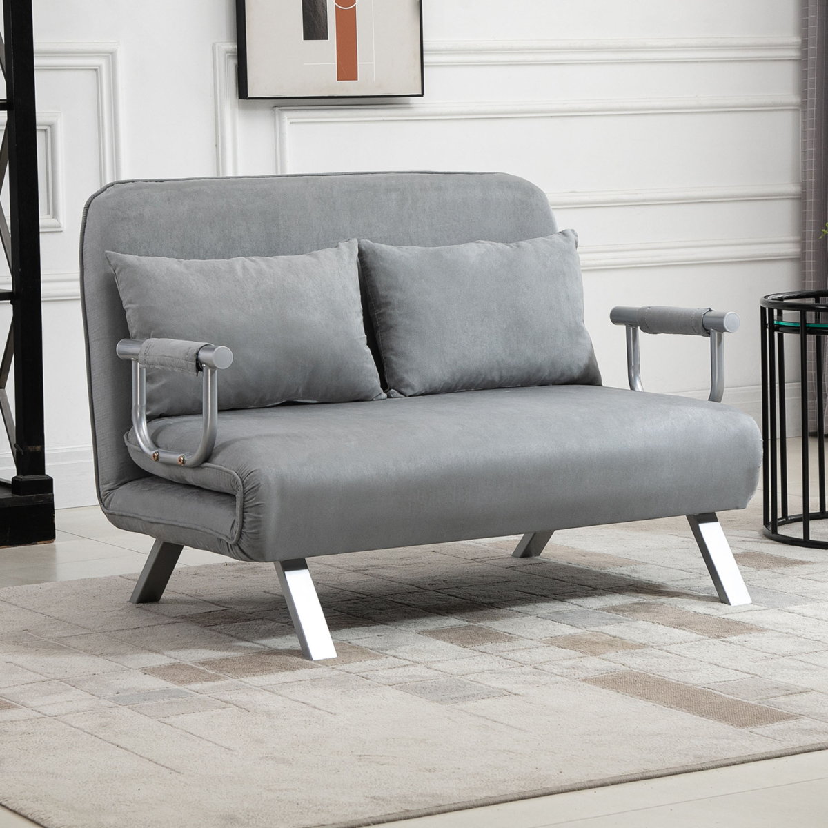 HOMCOM fabric convertible 2-seater sofa bed in light grey with two pillows, showing the sofa in both seated and bed positions.