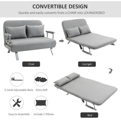 Light grey HOMCOM fabric convertible 2-seater sofa bed with two pillows, showcasing its versatile design and comfortable seating.