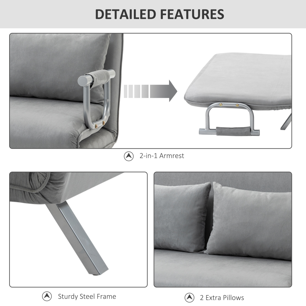 Light grey HOMCOM fabric convertible 2-seater sofa bed with two pillows, showing its compact design and versatile style.