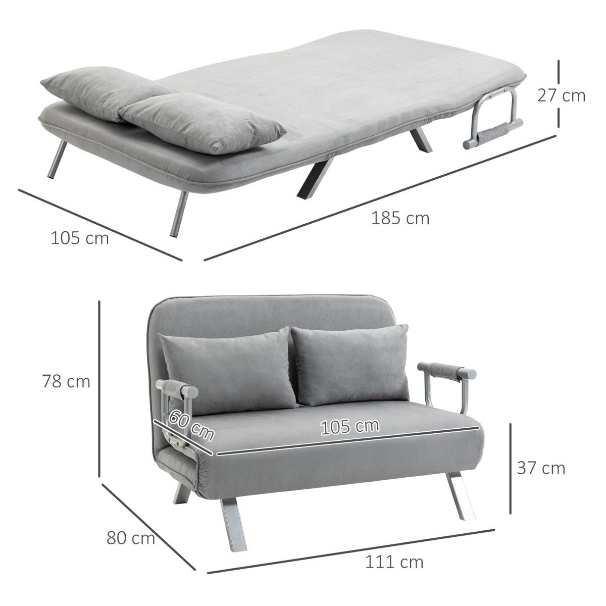 HOMCOM fabric convertible 2-seater sofa bed in light grey with two pillows, showing its compact, versatile design and soft upholstery.