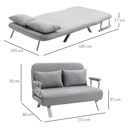 HOMCOM fabric convertible 2-seater sofa bed in light grey with two pillows, showing its compact, versatile design and soft upholstery.