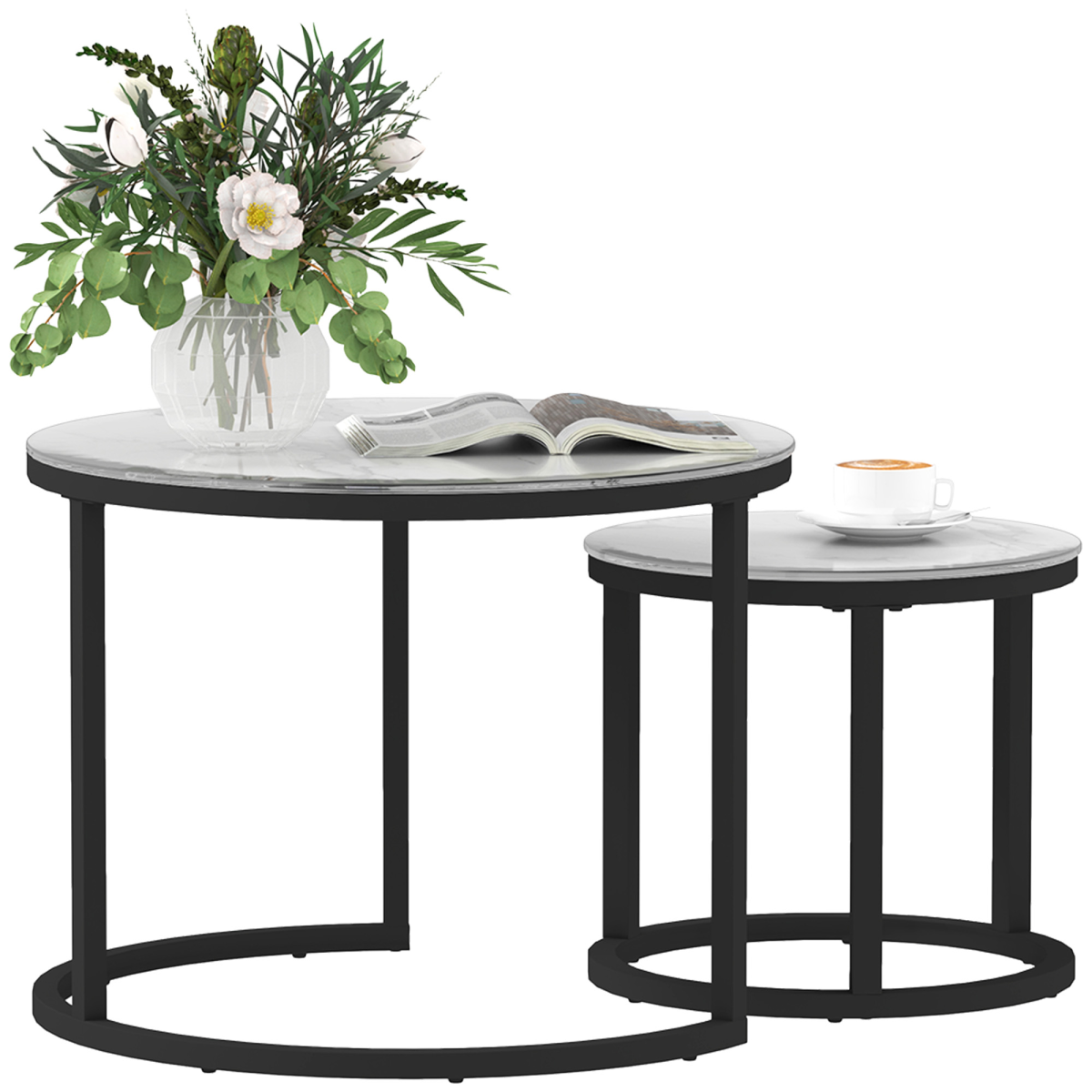 Set of two HOMCOM round glass coffee tables, nesting design with clear glass surfaces and sleek metal legs.