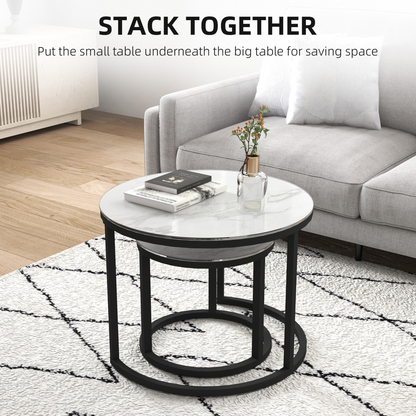 Set of two round glass coffee tables by HOMCOM, nesting design with clear glass tops and modern metal frames.