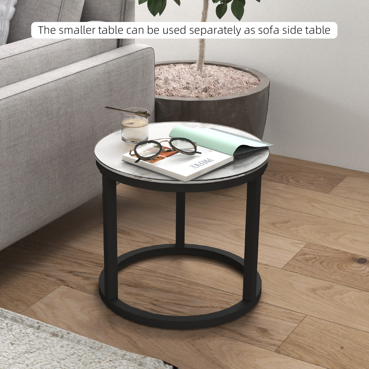 HOMCOM glass coffee table set of 2 round nesting tables with clear glass tops and metal legs, modern living room furniture.