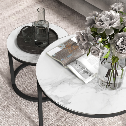 Homcom glass coffee table set of 2 round nesting tables with clear glass tops and sleek metal legs for modern living rooms.