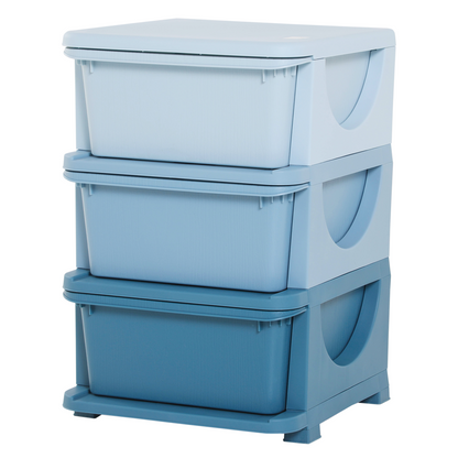 HOMCOM kids 3-tier storage unit with drawers, vertical chest dresser tower in a bright, organized bedroom setting.