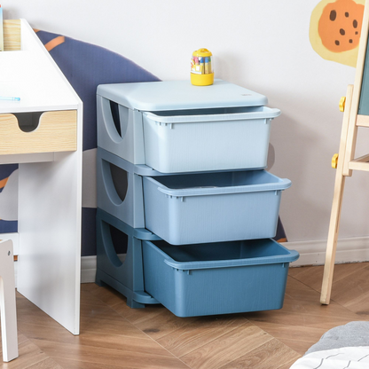 Kids 3-tier storage unit with drawers by HOMCOM, vertical chest dresser tower for organized toy and clothing storage.