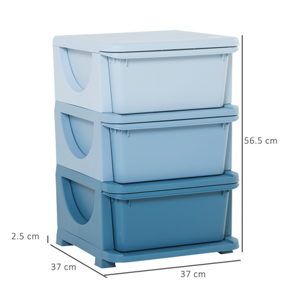 HOMCOM kids 3-tier storage unit with drawers, vertical chest dresser tower for organized toy and clothing storage in a child's room.