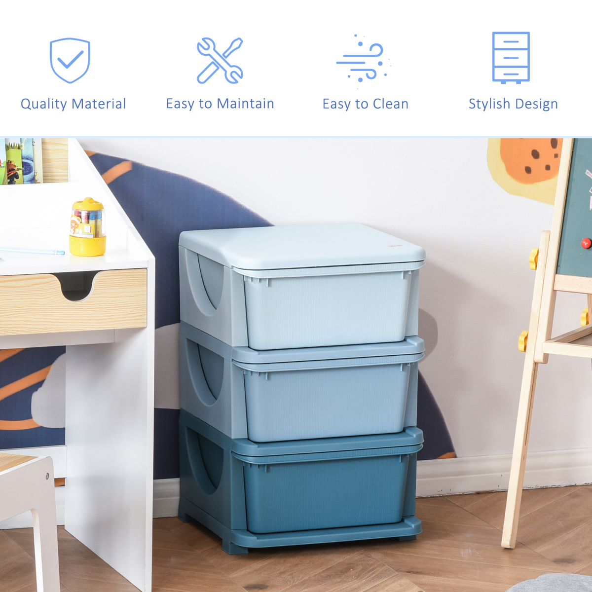HOMCOM kids 3-tier storage unit with drawers, vertical chest dresser tower for organizing toys and clothes in a child's room.