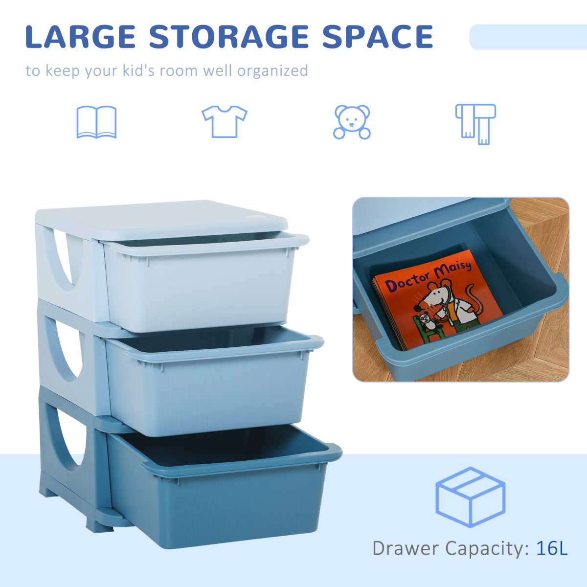 HOMCOM kids 3-tier storage unit with drawers, vertical chest dresser tower for organized playroom or bedroom storage.