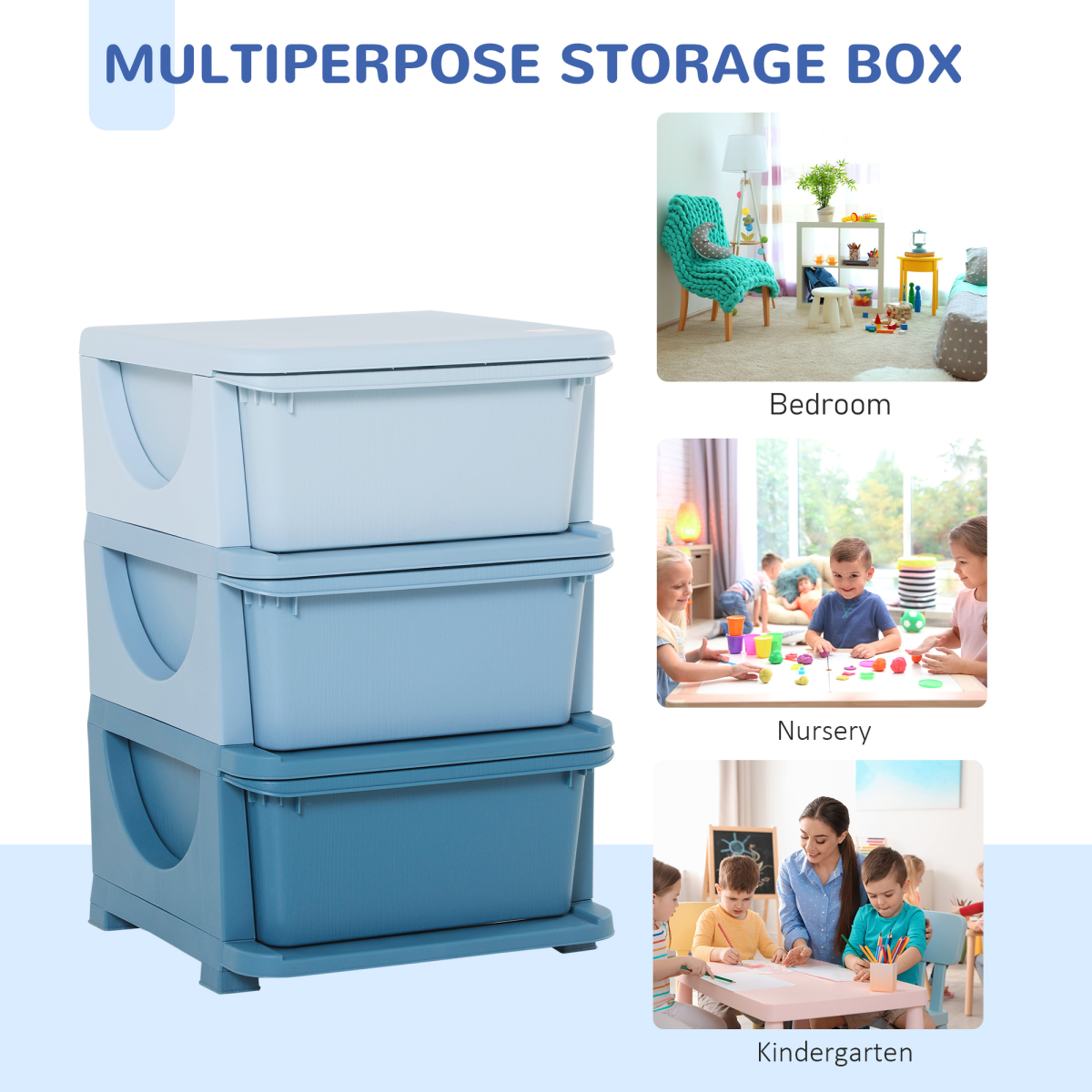HOMCOM kids 3-tier storage unit with drawers, vertical chest dresser tower for organizing toys and clothes in a child's room.