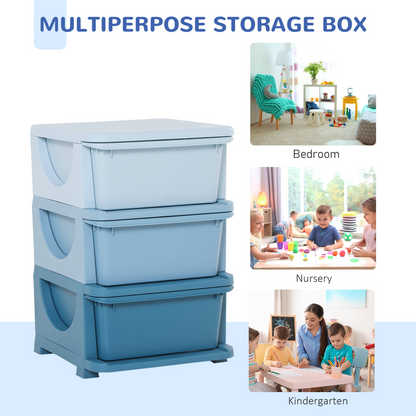 HOMCOM kids 3-tier storage unit with drawers, vertical chest dresser tower for organizing toys and clothes in a child's room.