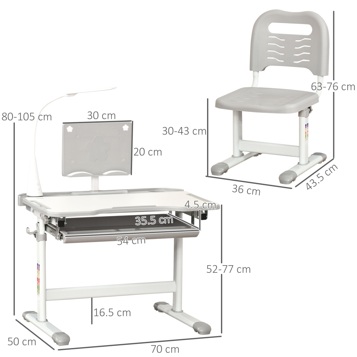 Kids study desk and chair set by HOMCOM with USB lamp, adjustable height, in grey, designed for children’s learning and comfort.
