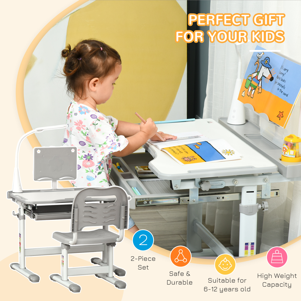 Kids study desk and chair set by HOMCOM with USB lamp, adjustable height, in grey, suitable for children’s learning space.