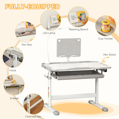 Grey kids study desk and chair set with USB lamp and adjustable height from HOMCOM, perfect for young learners.
