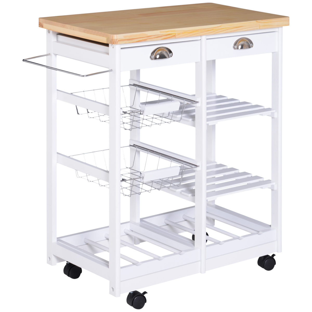 White HOMCOM kitchen island trolley with drawers, shelves, and wine rack, measuring 74x37x76 cm, shown with storage features.