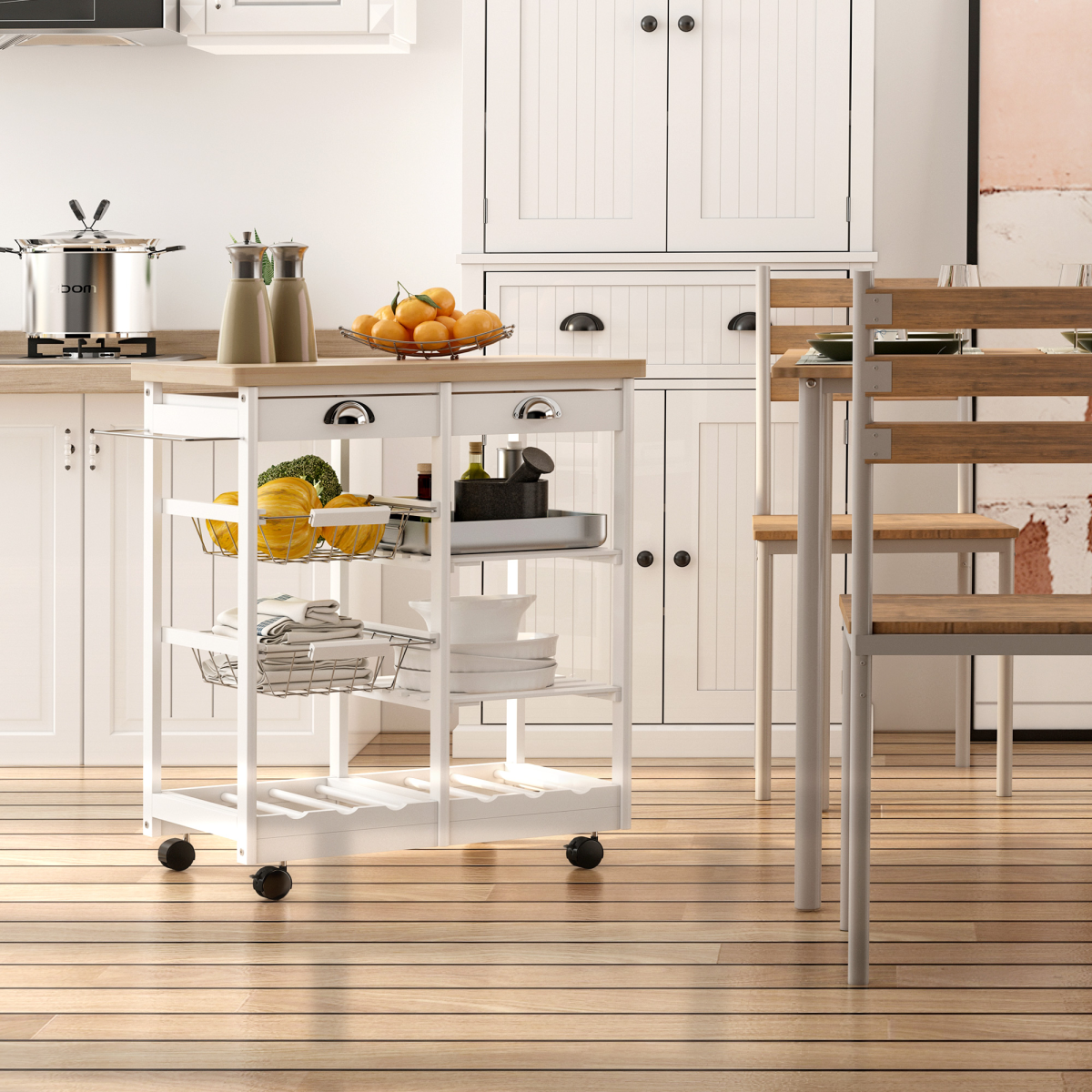 White HOMCOM kitchen island trolley with drawers, shelves, and wine rack, measuring 74x37x76 cm, showing its storage and countertop.