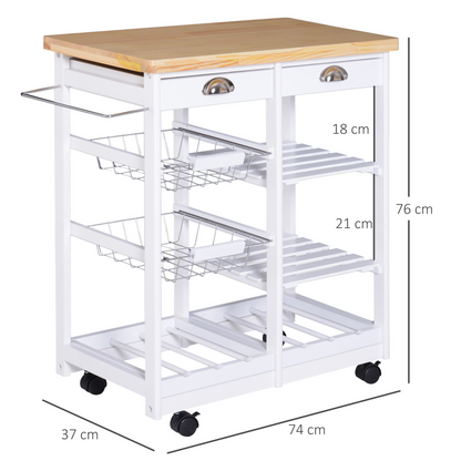 White HOMCOM kitchen island trolley with drawers, shelves, and wine rack, measuring 74x37x76 cm, showing storage and workspace features.