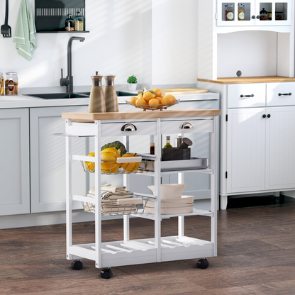White HOMCOM kitchen island trolley with drawers, shelves, and wine rack, measuring 74x37x76 cm, showing storage and workspace features.
