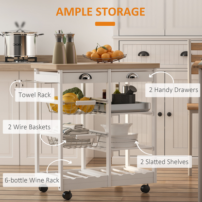 White HOMCOM kitchen island trolley with drawers, shelves, and wine rack, measuring 74x37x76 cm, shown in a modern kitchen setting.