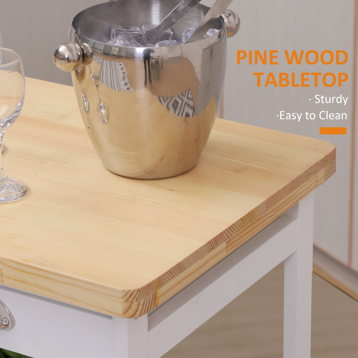 White HOMCOM kitchen island trolley with drawers, shelves, and wine rack, measuring 74x37x76 cm, shown from a front view.