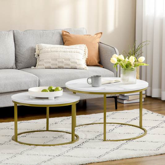 HOMCOM marble coffee table set of 2 round nesting tables with sleek, modern design and smooth marble surfaces.