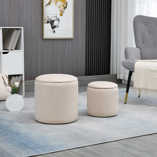 Set of 2 cream white fabric storage ottomans with removable lids from HOMCOM, modern design with ample storage space.