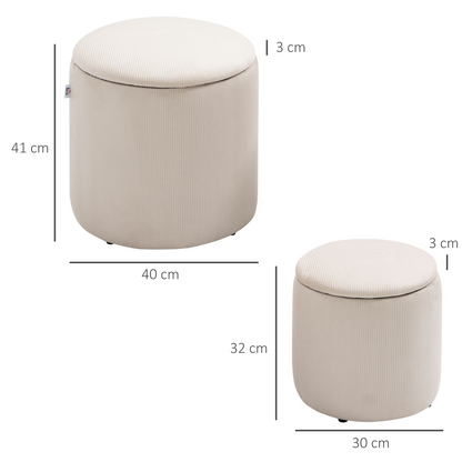 Set of two HOMCOM modern fabric storage ottomans with removable lids in cream white, ideal for organization and seating.