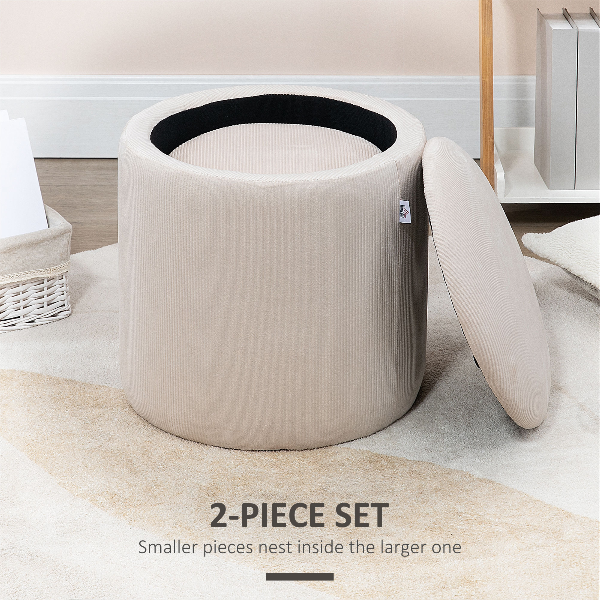 Set of two cream white HOMCOM fabric storage ottomans with removable lids, modern design for living room or bedroom storage.