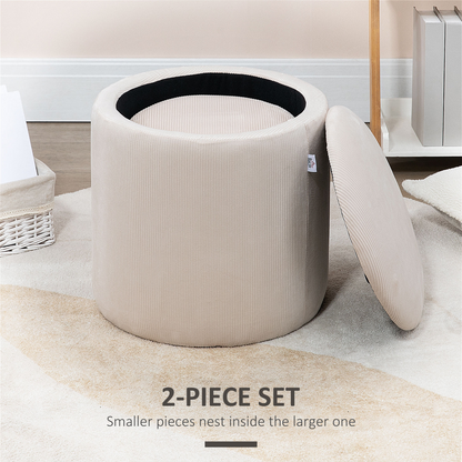 Set of two cream white HOMCOM fabric storage ottomans with removable lids, modern design for living room or bedroom storage.